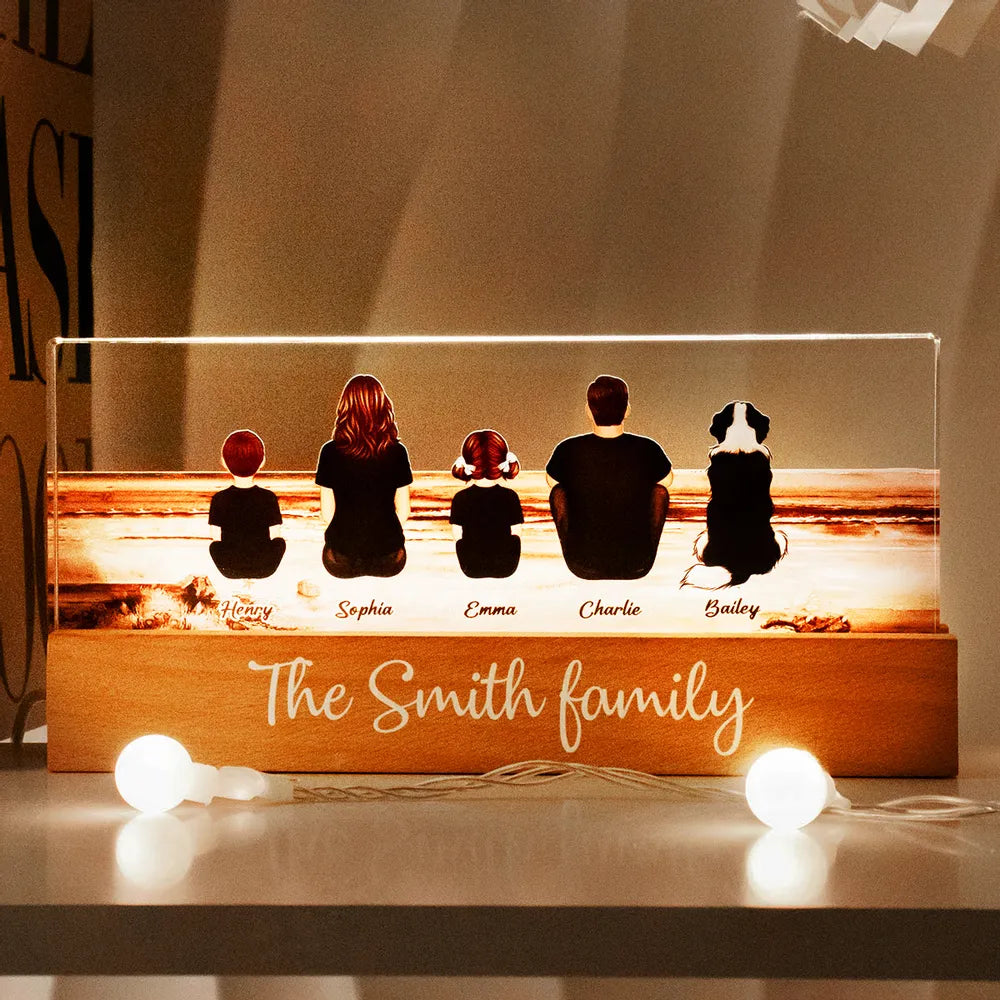 Family Sitting Back View Retro Vintage Beach Landscape - Personalized Family LED Plaque, Family Gift for Parents, Siblings & Pet Lovers