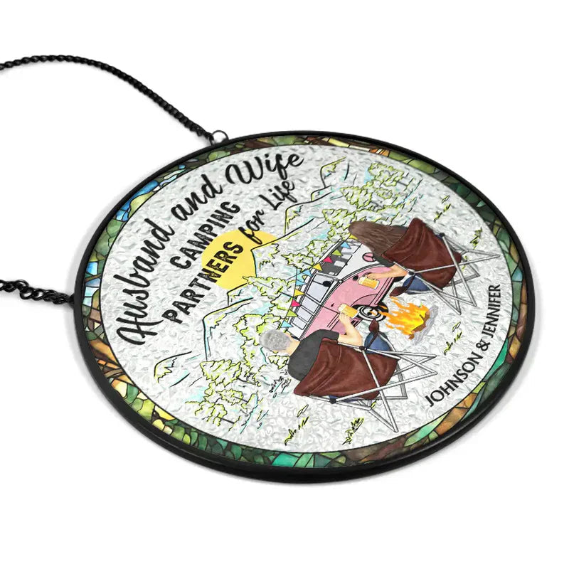 Personalized Glass Suncatcher Ornament Home Is Where We Park It Camping Scene, Unique Gift for Couples