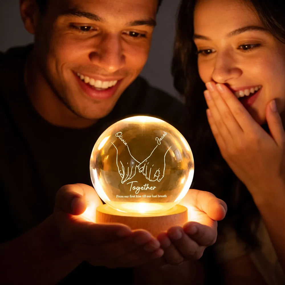 Personalized Globe Lamp with Interlocked Hands Quote Nightstand Decor, Unique Romantic Gift for Couples