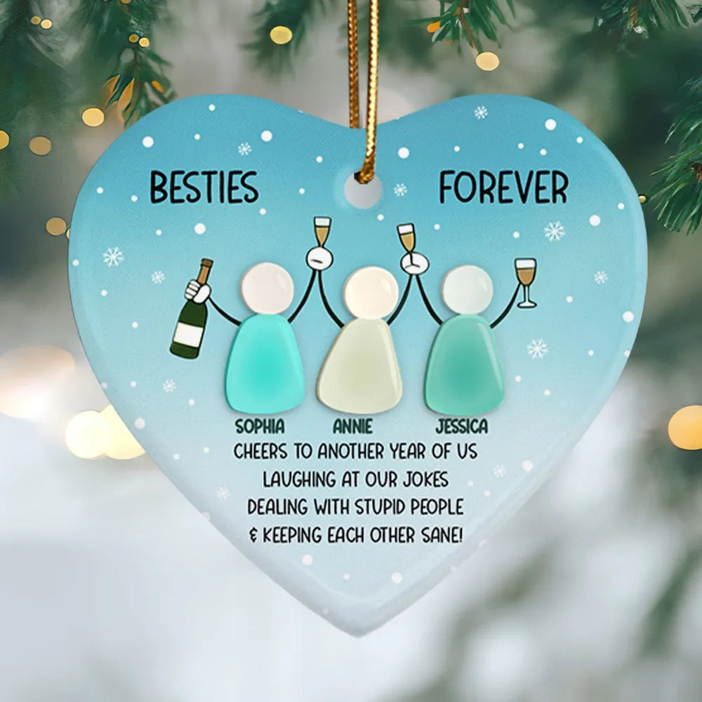 Personalized Besties Heart Ornament – Double-Layer Ceramic & Acrylic Design with Sea-Glass Look, Friendship Holiday Gift