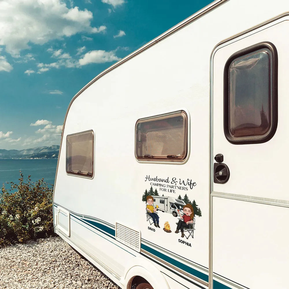Personalized Camping Couple Sticker Decal, Custom Partners For Life RV Camper Gift for Husband & Wife