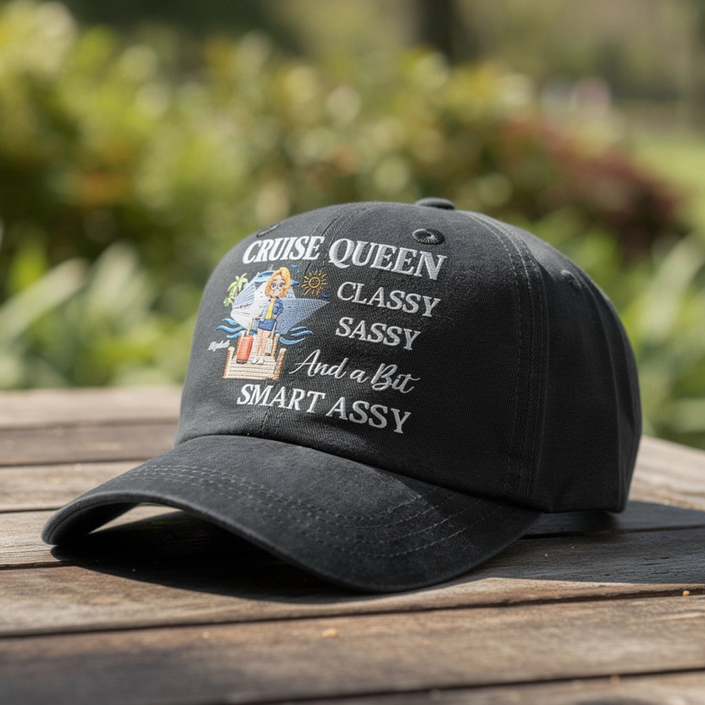 Personalized Washed Denim Baseball Cap, Cruise Queen Classy Sassy Graphic, Unique Funny Gift for Travel Lovers