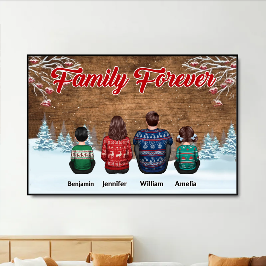 Snow House Back View Family Sitting Personalized Poster or Ornament or Keychain or Plaque