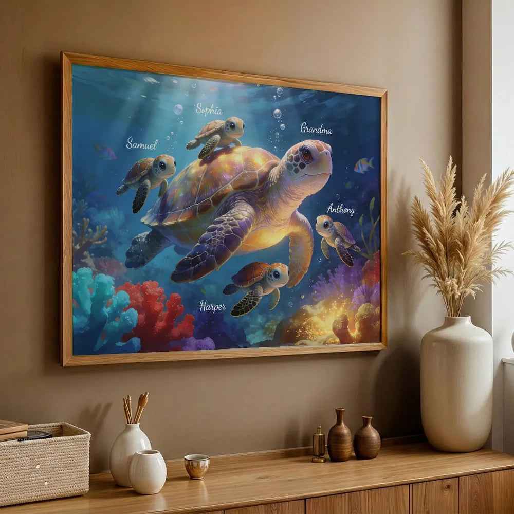 Underwater Grandma Turtle With Little Turtles Personalized Poster, Vibrant Ocean Decor, Meaningful Gift for Grandma and Family