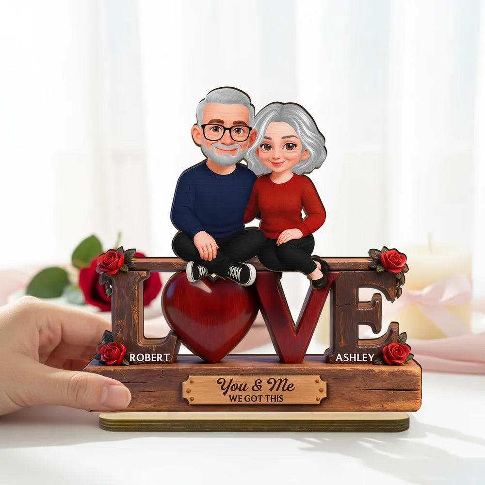 2-Layer Wooden Plaque with Cute Couple on LOVE Sign and Red Heart, Personalized Keepsake for Your Favorite Person