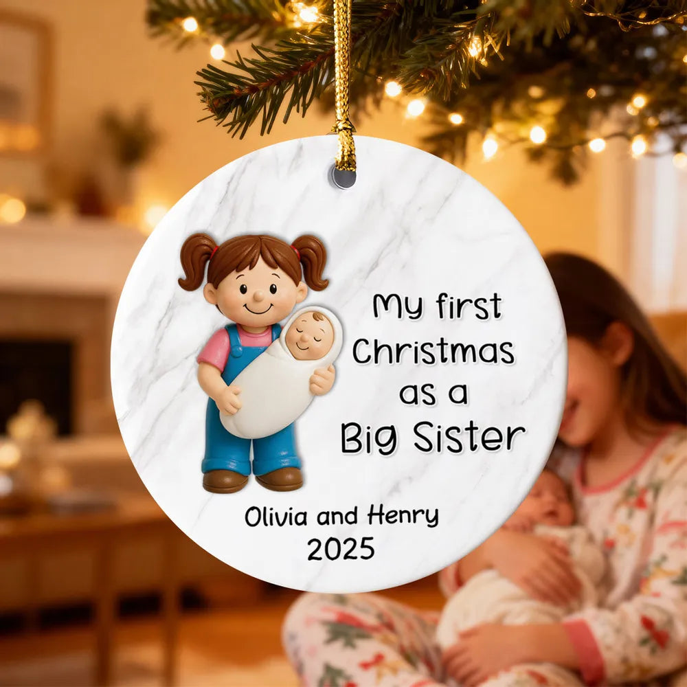Personalized Big Brother Big Sister Ceramic Ornament celebrating first Christmas as a sibling, round ceramic holiday décor gift