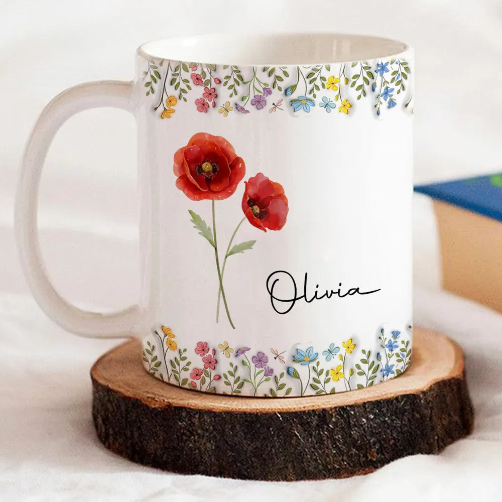 White Ceramic Mug with Floral Design and Name Print – Elegant Personalized Gift for Her, Perfect for Birthdays and Special Moments