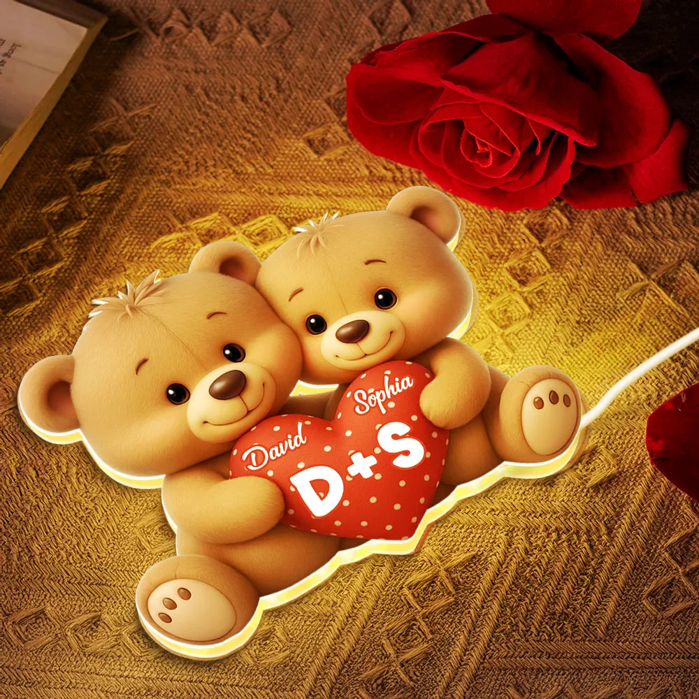Personalized Acrylic Light Box Cute Bear Couple Holding a Heart Bedroom Lamp with Warm Glow Unique Gift for Couples