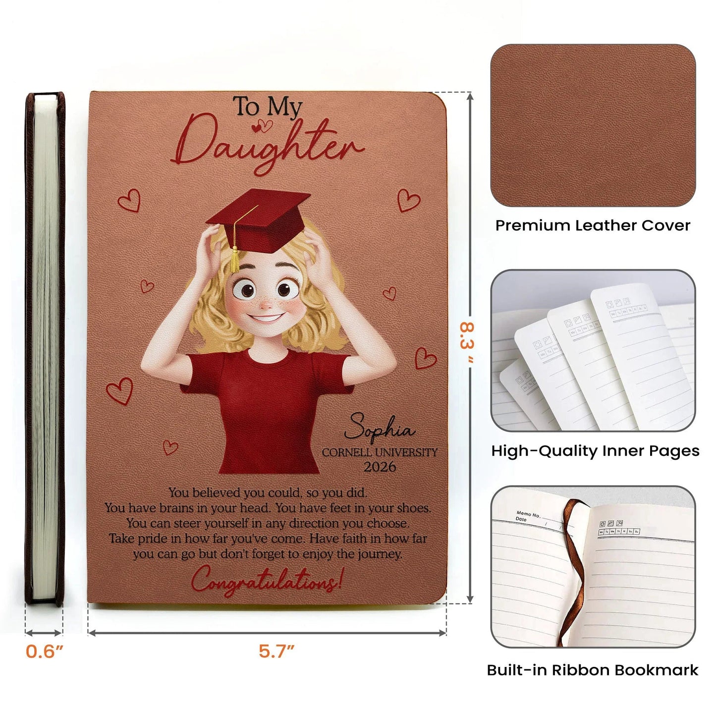 To My Daughter Graduation Leather Journal, Personalized Congrats Message with Heart Accents, Meaningful Unique Gift for Her
