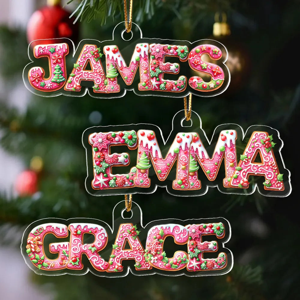 Custom Name Acrylic Ornament with Pink Gingerbread Letters – Festive Christmas Ornament & Creative Kids Gift