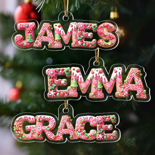 Custom Name Acrylic Ornament with Pink Gingerbread Letters – Festive Christmas Ornament & Creative Kids Gift