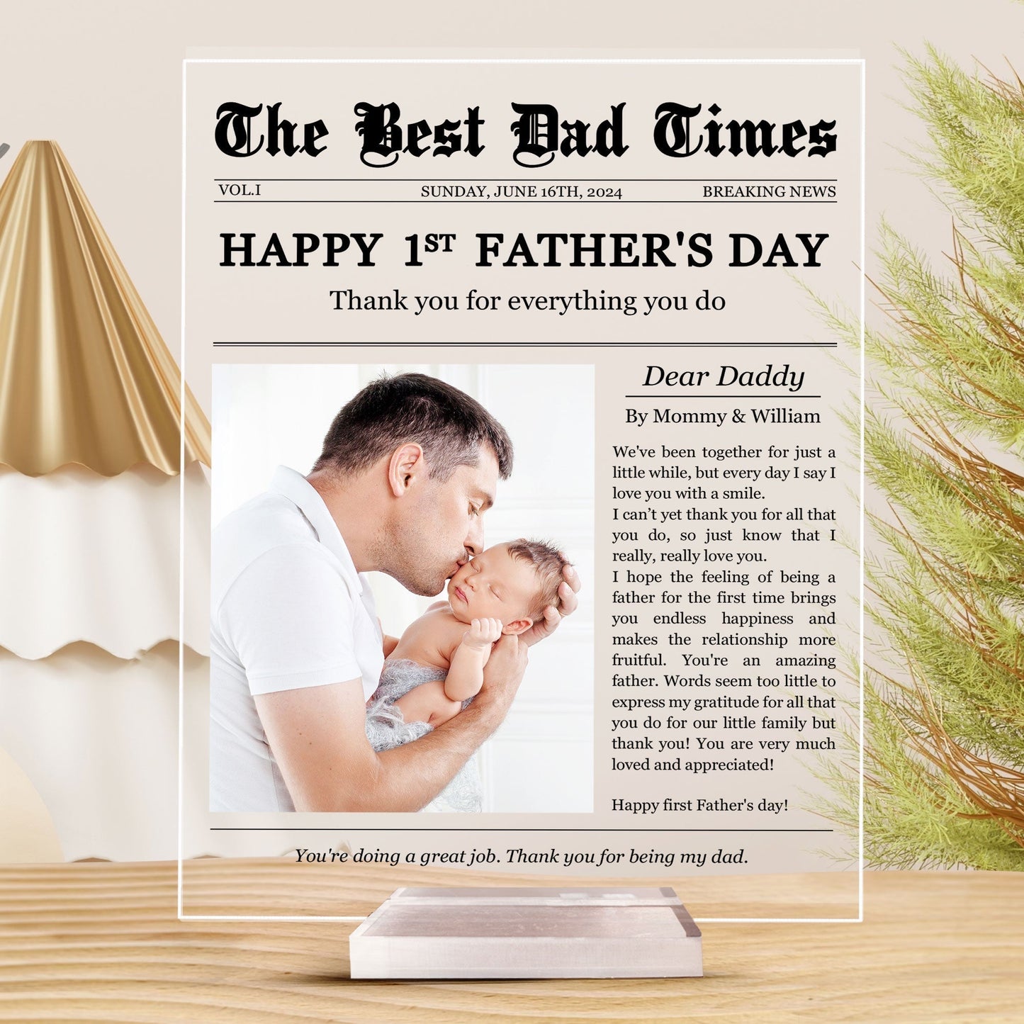 Happy 1st Father’s Day – Personalized Acrylic Plaque with Custom Photo and Heartfelt Message – Ideal Gift for New Fathers