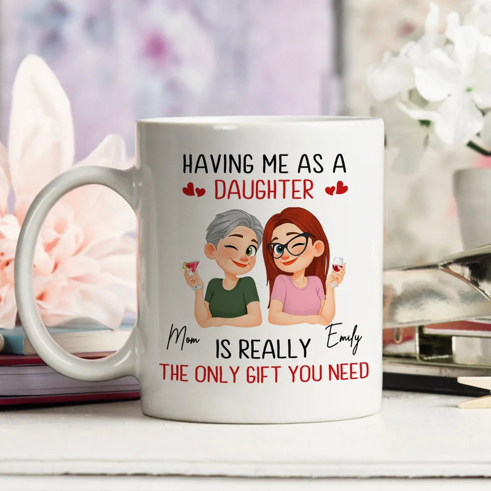 Personalized Mother Daughter Coffee Ceramic Mug, Cute Winking Cartoon Design, Unique Gift For Mom From Daughter