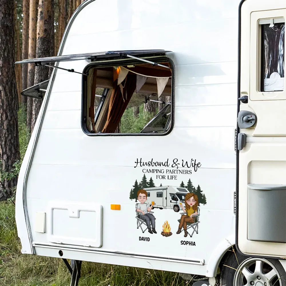 Personalized Camping Couple Sticker Decal, Custom Partners For Life RV Camper Gift for Husband & Wife