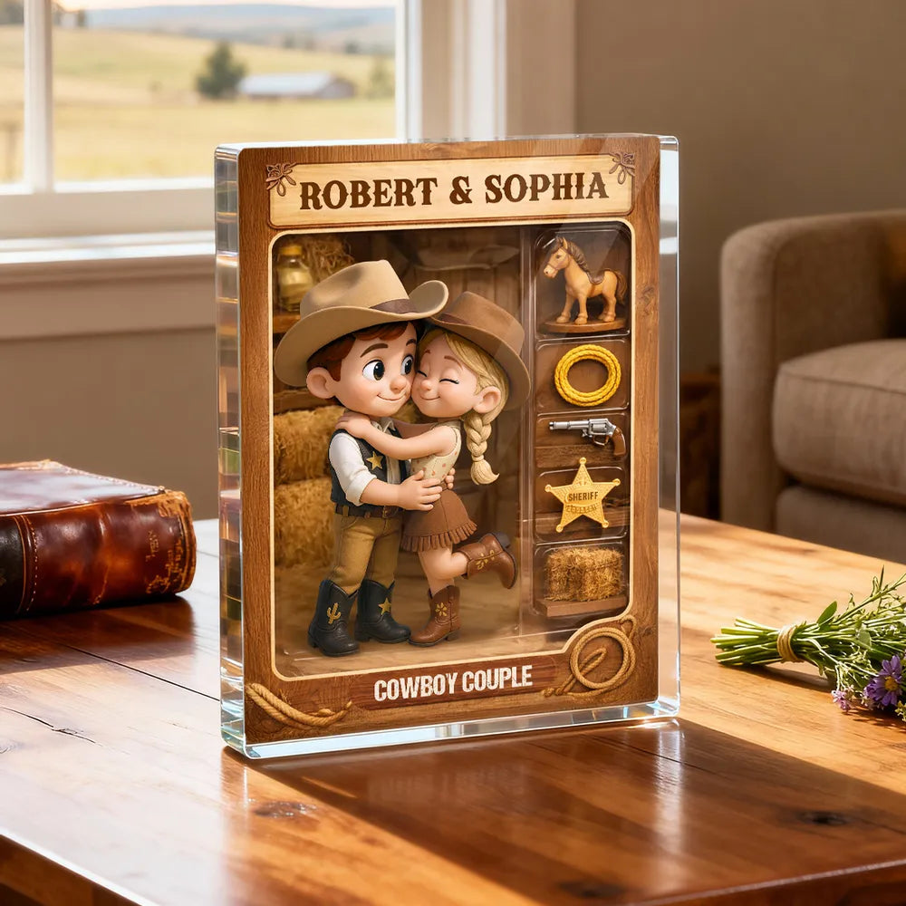 Cowboy Couple Rectangle Acrylic Block Plaque, Western Hugging Couple Keepsake, Unique Gift for Couples for Anniversary