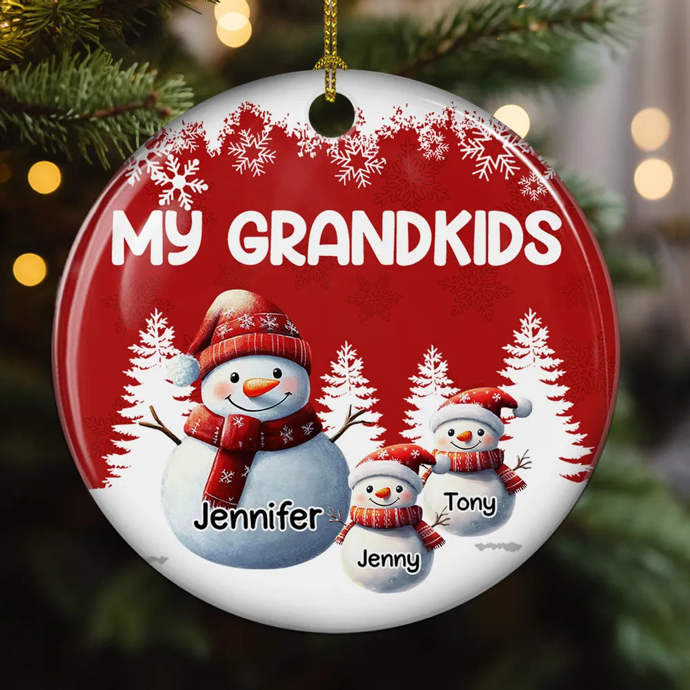 Ceramic Ornament, Cute Snowman Family Grandkids Theme, Easy to Personalize, Holiday Tree Charm, Creative Gift for Grandma