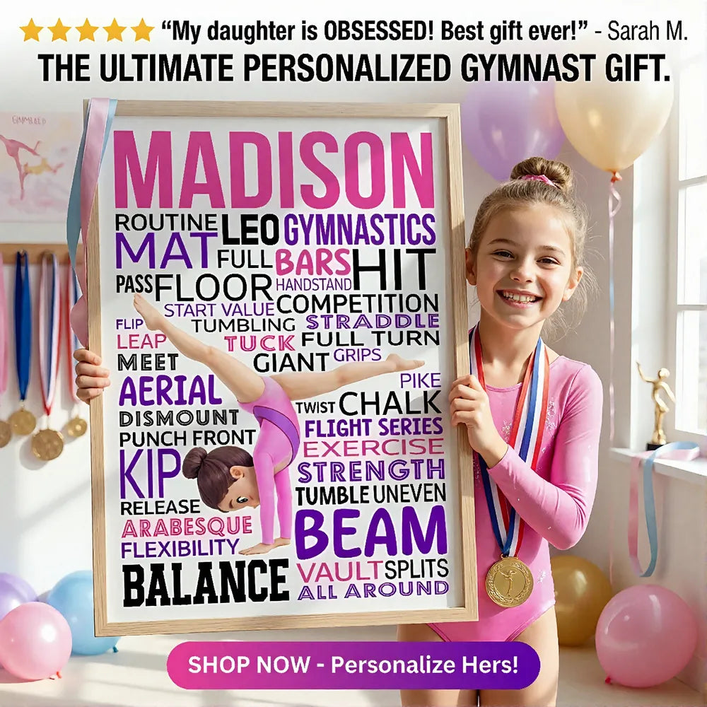 Personalized Gymnast Word Art Poster for a Daughter or Granddaughter, Cartwheel Pose Wall Decor, Unique Gift