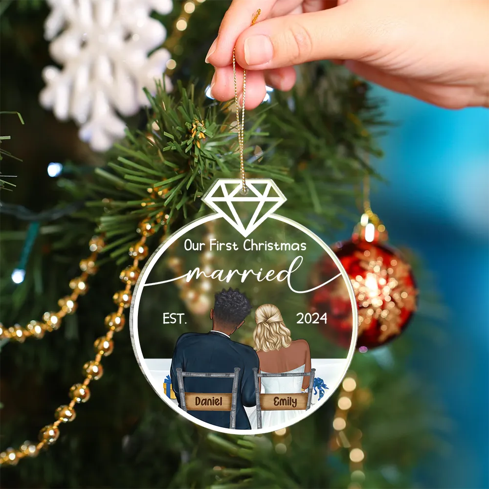 Our First Christmas Married Ornament – Personalized Acrylic Ornament with Romantic Couple Back Design