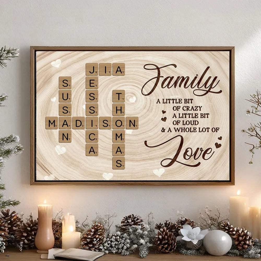 Personalized Family Crossword Poster Wall Art, Rustic Wood Look, Unique Gift for Mom for a Whole Lot of Love