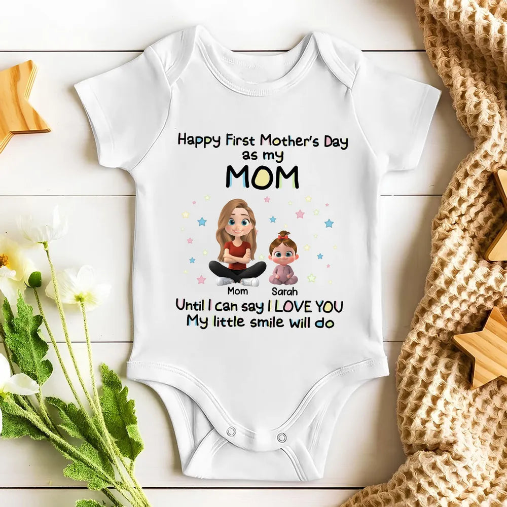 Personalized Short Sleeve Baby Onesie Happy First Mother's Day as My Mom Cute Cartoon Mom & Baby Gift