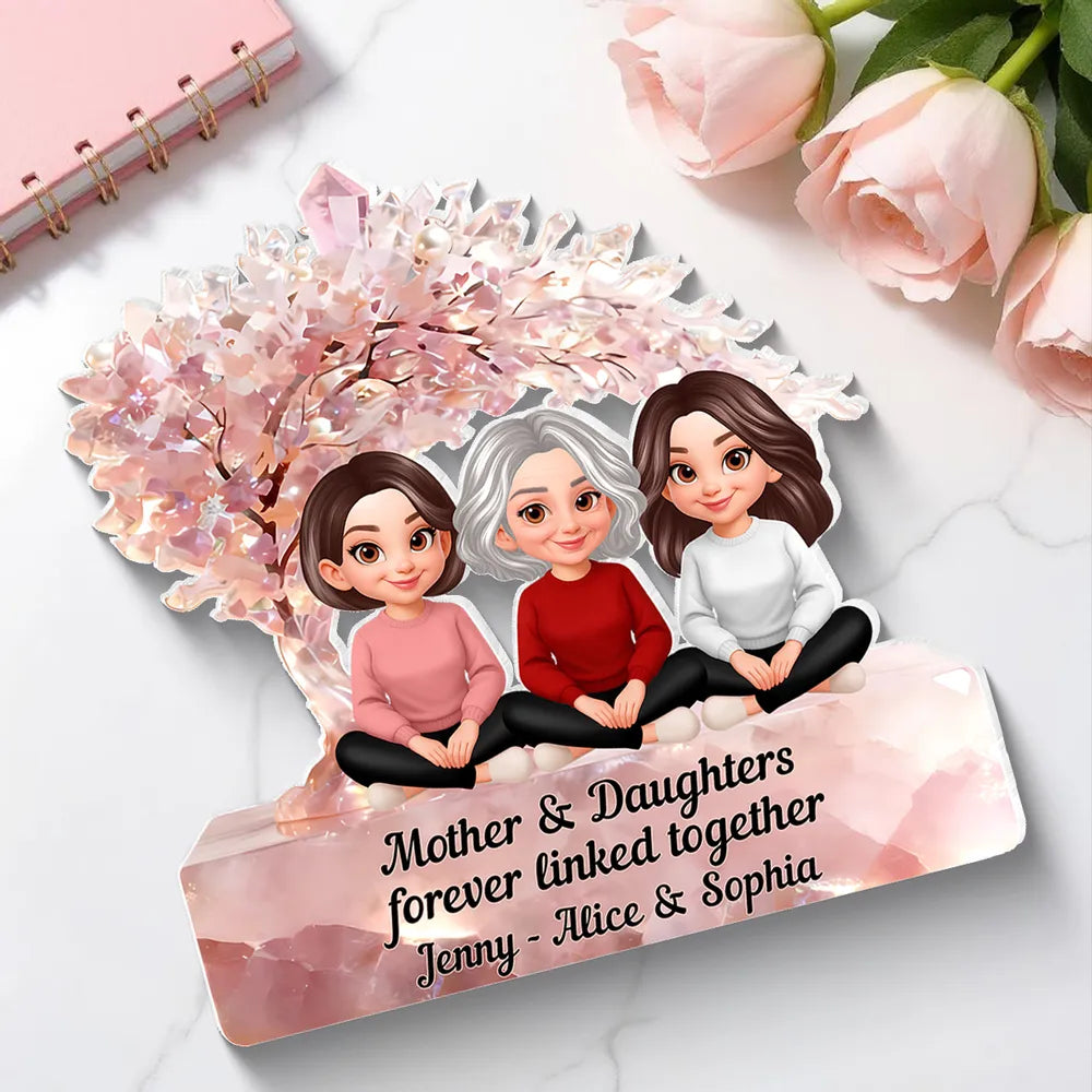 Personalized Shaped Acrylic Block Plaque, Mother & Daughters Under Pink Blossom Tree, Unique Gift for Mom