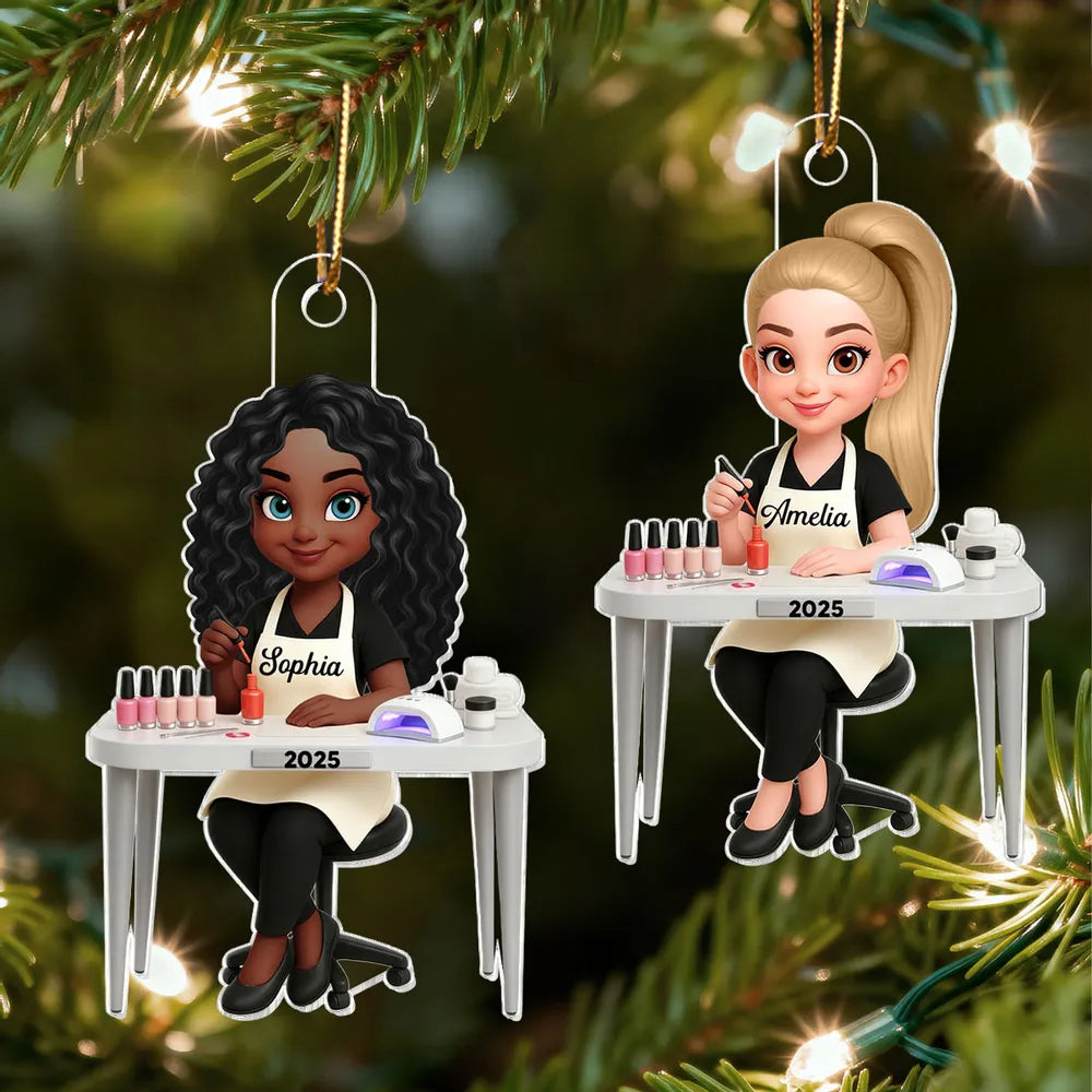 Personalized Acrylic Nail Tech Ornament, Cute Manicurist Desk Scene Keepsake Gift for Beauty Lovers