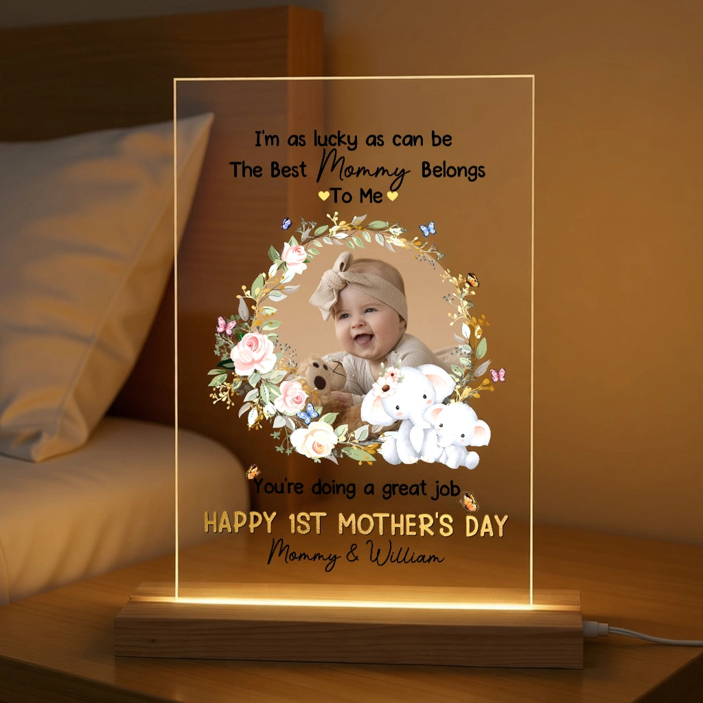 Personalized LED Light Plaque with Baby Photo and Sweet Elephant Floral Wreath, Mother's Day Gift for Mom, Cozy Ambient Glow