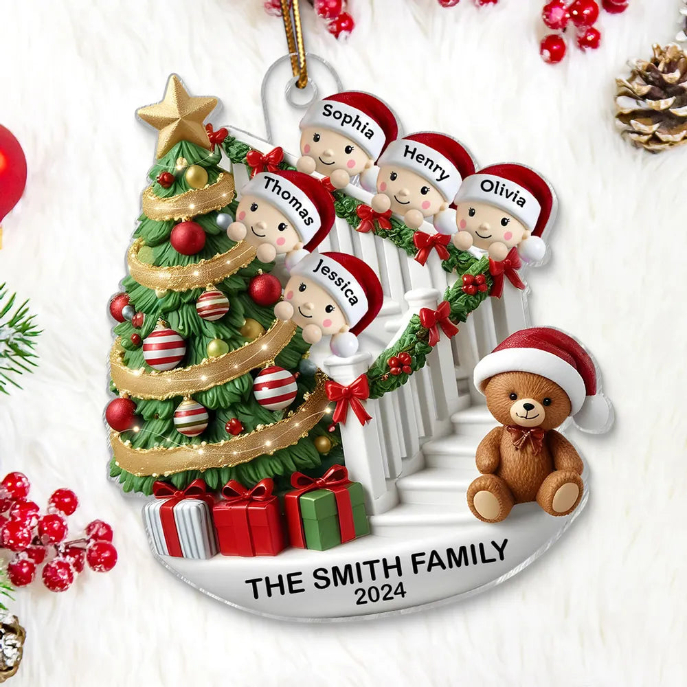 Acrylic Ornament Custom Family Staircase Scene, Santa Hats & Gifts, Cute Festive Decor, a Creative Gift for the Whole Family