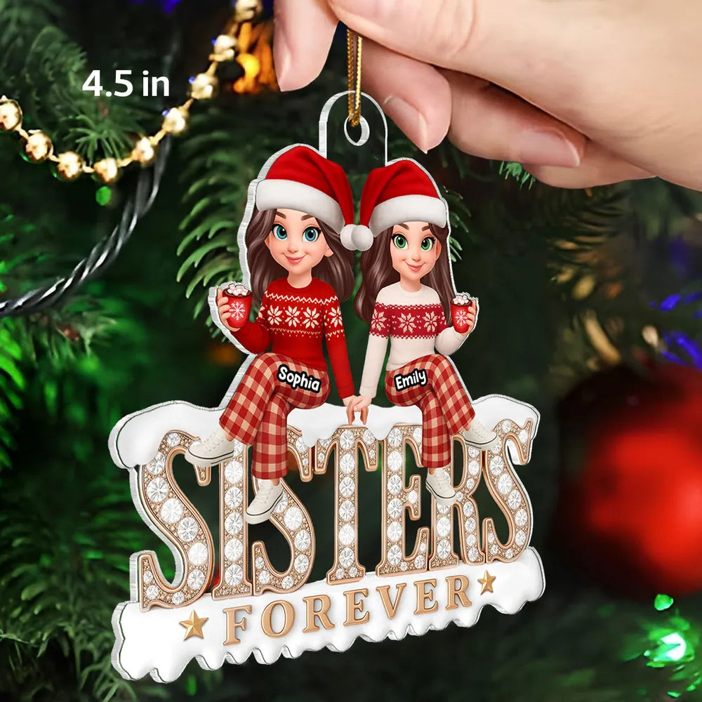 Sisters Forever Acrylic Ornament, Santa Hat Sisters with Cocoa, Christmas Tree Decor, unique gift for Sister