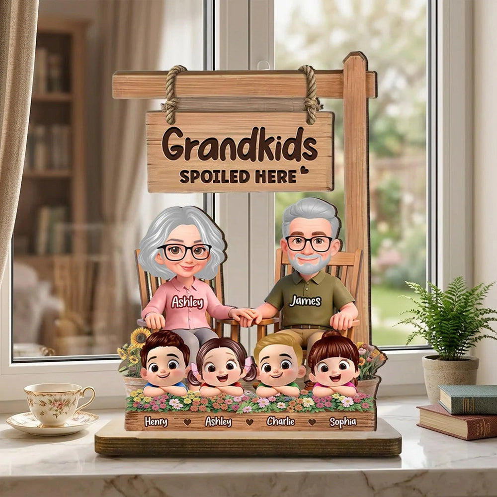 2-Layer Wooden Plaque for Grandma - Grandkids Spoiled Here Sign with Sweet Grandparent Scene - Creative Gift
