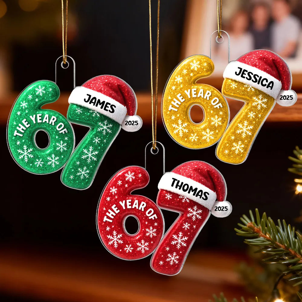 Personalized Acrylic Ornament 67 with Santa Hat Design, Custom Christmas Tree Decor, Festive Keepsake and Unique Holiday Gift