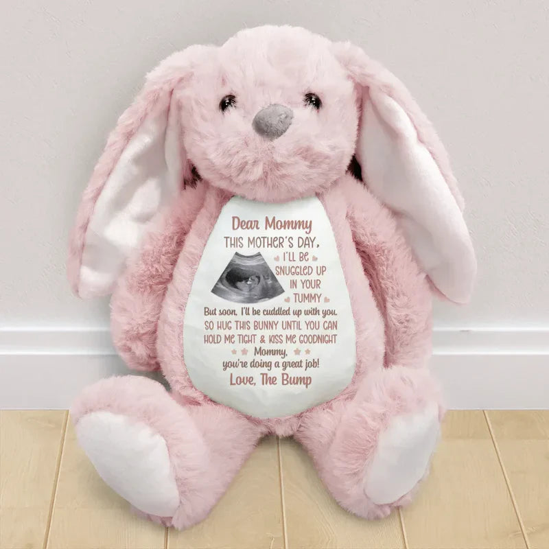 Personalized Plush Bunny with Custom Ultrasound Style Print, Mother's Day Nursery Keepsake, Unique Gift for Mom