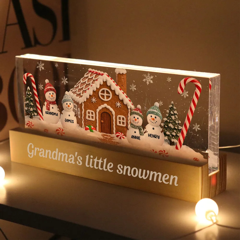LED Light Plaque, Personalized Grandma's Little Snowmen Gingerbread House, Warm Christmas Glow, Unique Gift for Grandma