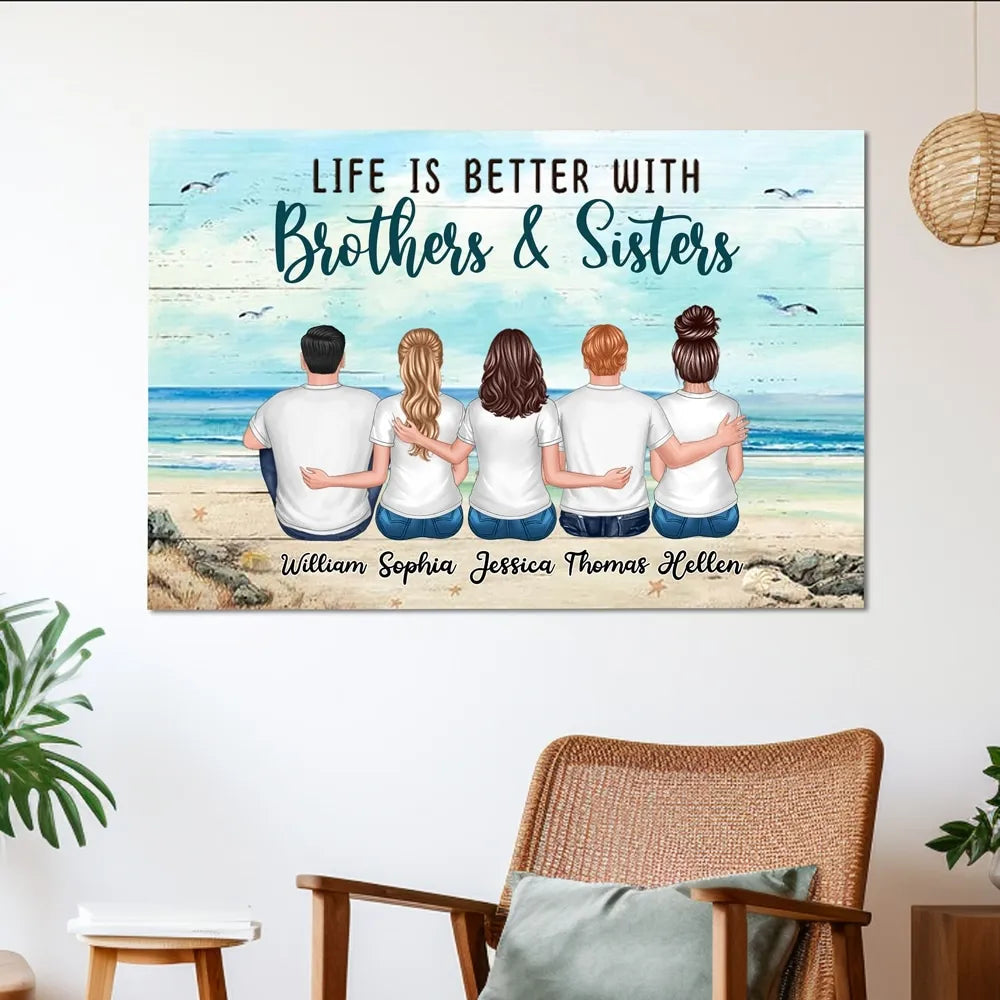 Poster – “Life Is Better with Brothers & Sisters” Beach Back-View Art, Custom Gift for Siblings