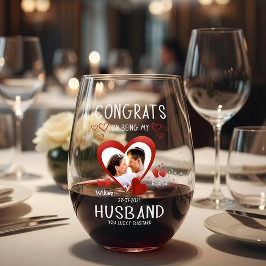 Personalized Couple Wine Glass with Photo & Hearts Congrats on Being My Husband Unique Romantic Gift