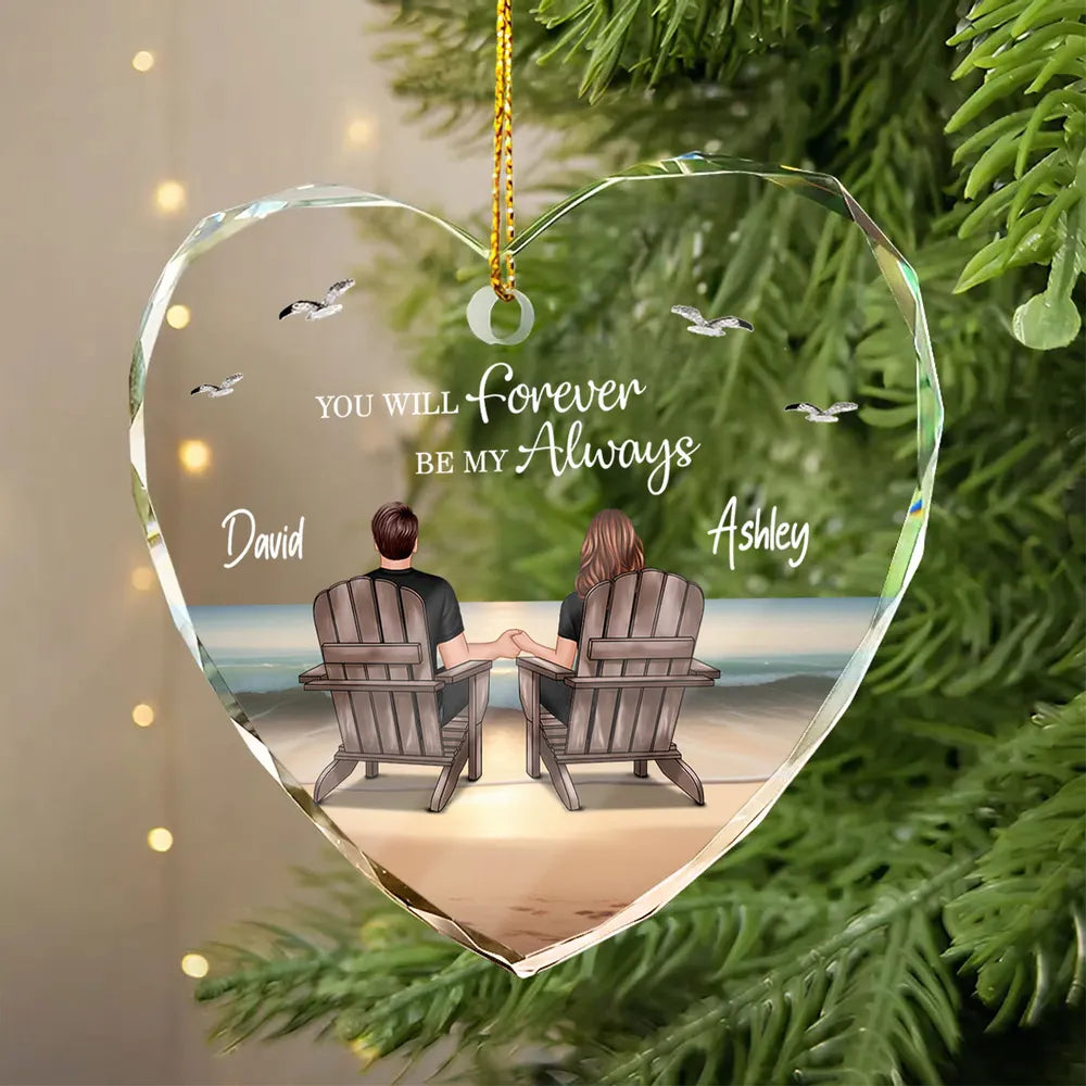 Crystal Heart Ornament with Couple Beach Back View, A Romantic Gift for Loved Ones