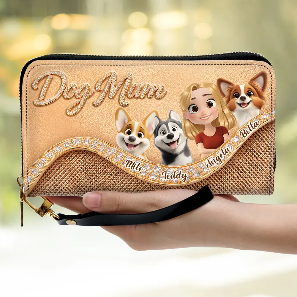 Personalized Dog Mom Leather Long Wallet, Custom Cartoon Woman & Puppy, Sleek Daily Carry, Unique Gift for Her