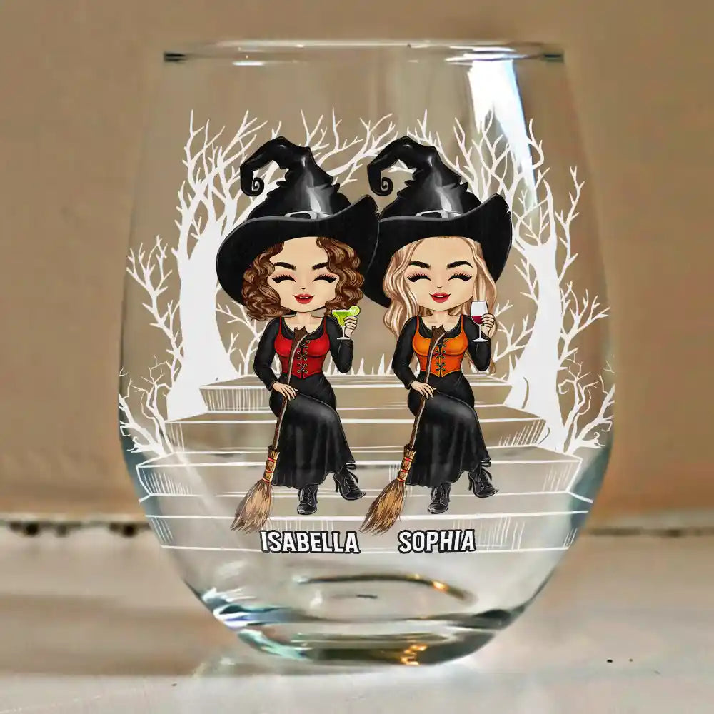 Drink Up Witches Halloween Wine Glass – Custom Witch Sisters Sitting on Bench – Spooky Gift for Best Friends or Sisters
