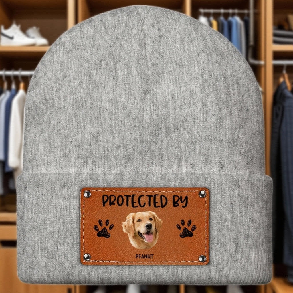 Leather Patch Beanie Hat with Funny Dog Prints, Cozy Gift