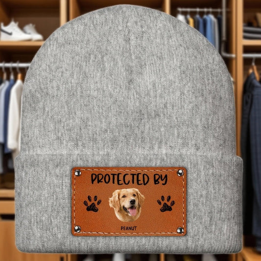 Leather Patch Beanie Hat with Funny Dog Prints, Cozy Gift