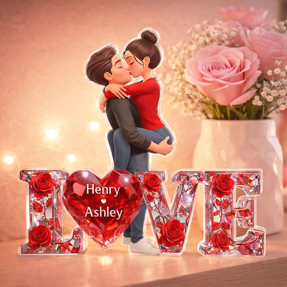 Personalized Shaped Acrylic Block Plaque Kissing Couple with LOVE Heart Roses Romantic Shelf Decor Unique Gift