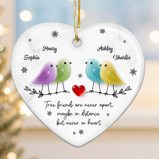 Ceramic Heart Ornament - Colorful Birds, Red Heart & Snowflakes - Unique Gift for Friends, Besties, Long-Distance Bond