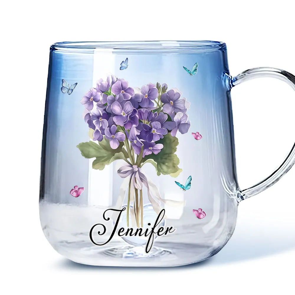 Blue Gradient Glass Mug with Floral Bouquet and Butterflies, Personalized Name Gift for Her, Everyday Coffee or Tea