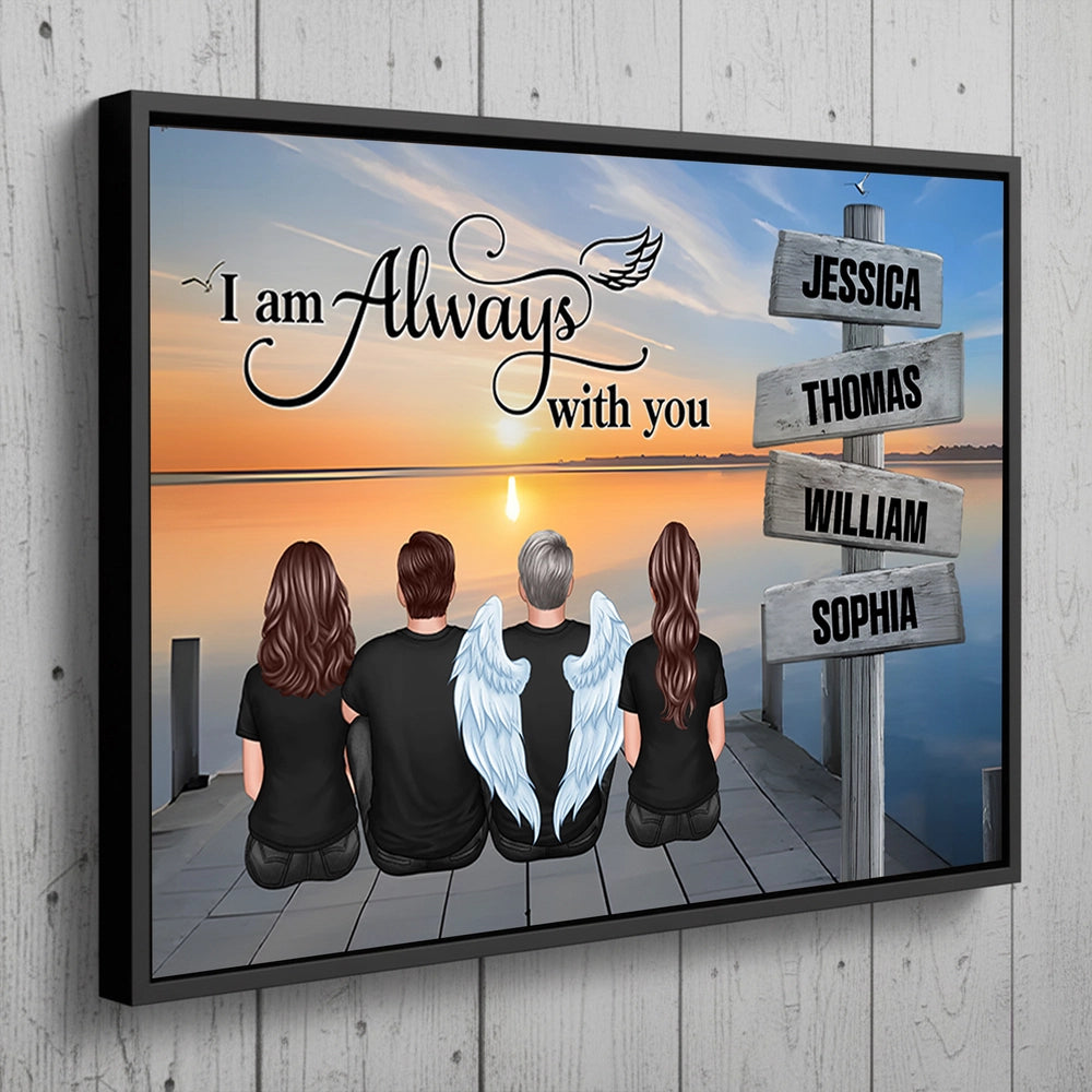 “I Am Always With You” Memorial Poster – Custom Family & Angel Wings, Sunset Dock Scene