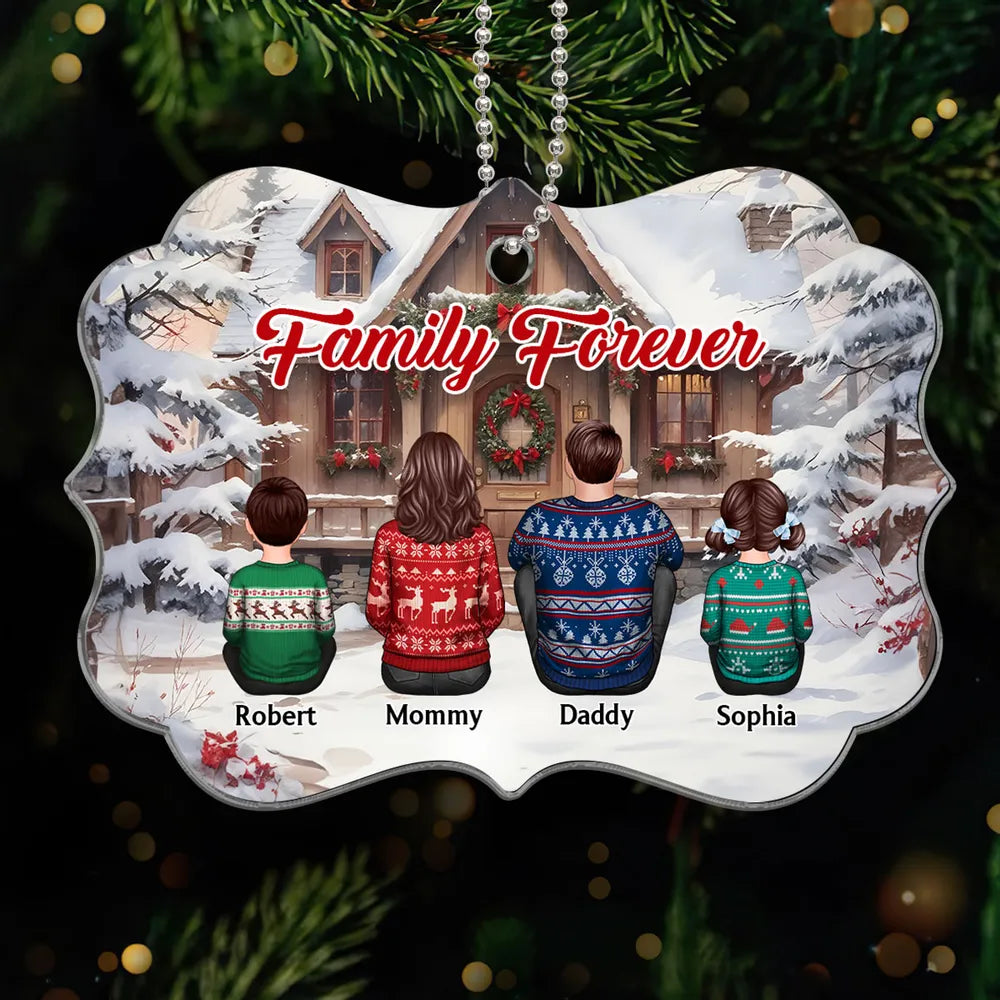 Snow House Back View Family Sitting Personalized Poster or Ornament or Plaque or Keychain