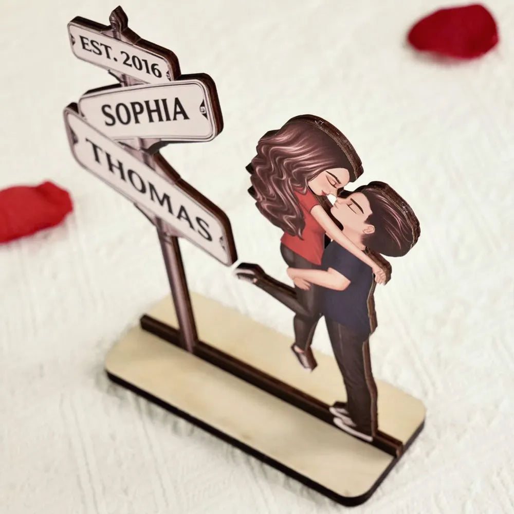 Personalized Street Sign Couple 2-Layer Wooden Plaque for Husband or Wife - Kissing Pose Keepsake, Unique Gift