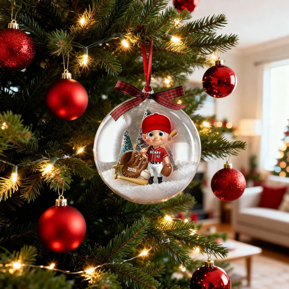 Snow Globe Ornament with Baseball Player - Personalized, Clear Acrylic, Winter Scene, a Unique Gift for Kids & Grandkids