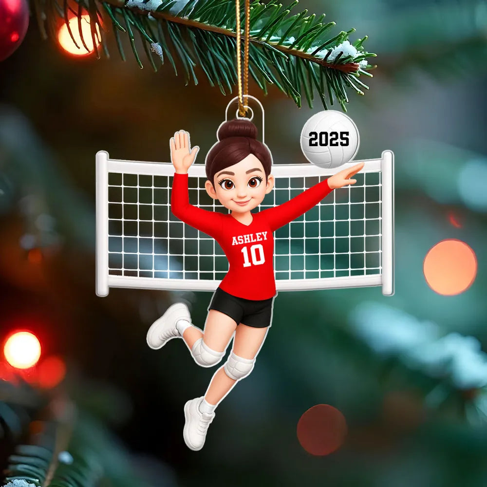 Custom Volleyball Girl Acrylic Ornament with name & number design, sports-themed holiday decoration and perfect gift for athletes
