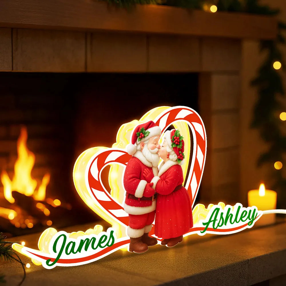 Personalized Acrylic Light Box - Santa Couple Kissing with Candy-Cane Heart, Warm Glow Holiday Decor, Unique Gift for Couples