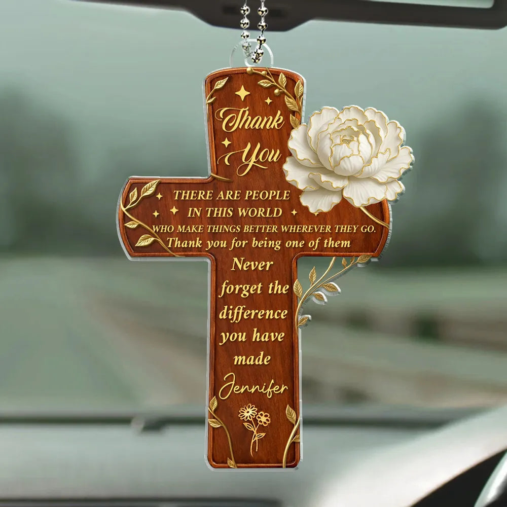 Acrylic Car Hanger Gratitude Cross With Flowers, Personalized Thank You Keepsake, Unique Appreciation Gift